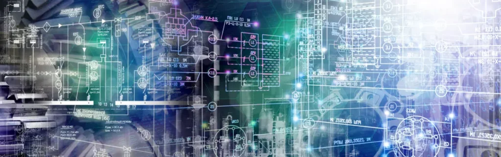 Abstract digital representation of industrial engineering and automation featuring schematic diagrams, technical drawings, and interconnected systems. Highlights advanced technology in process control, industrial design, and engineering innovation.